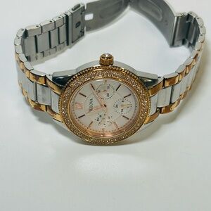 Bulova 98N100 Women’s Two-Tone Crystal Bezel Multifunction Quartz Watch
